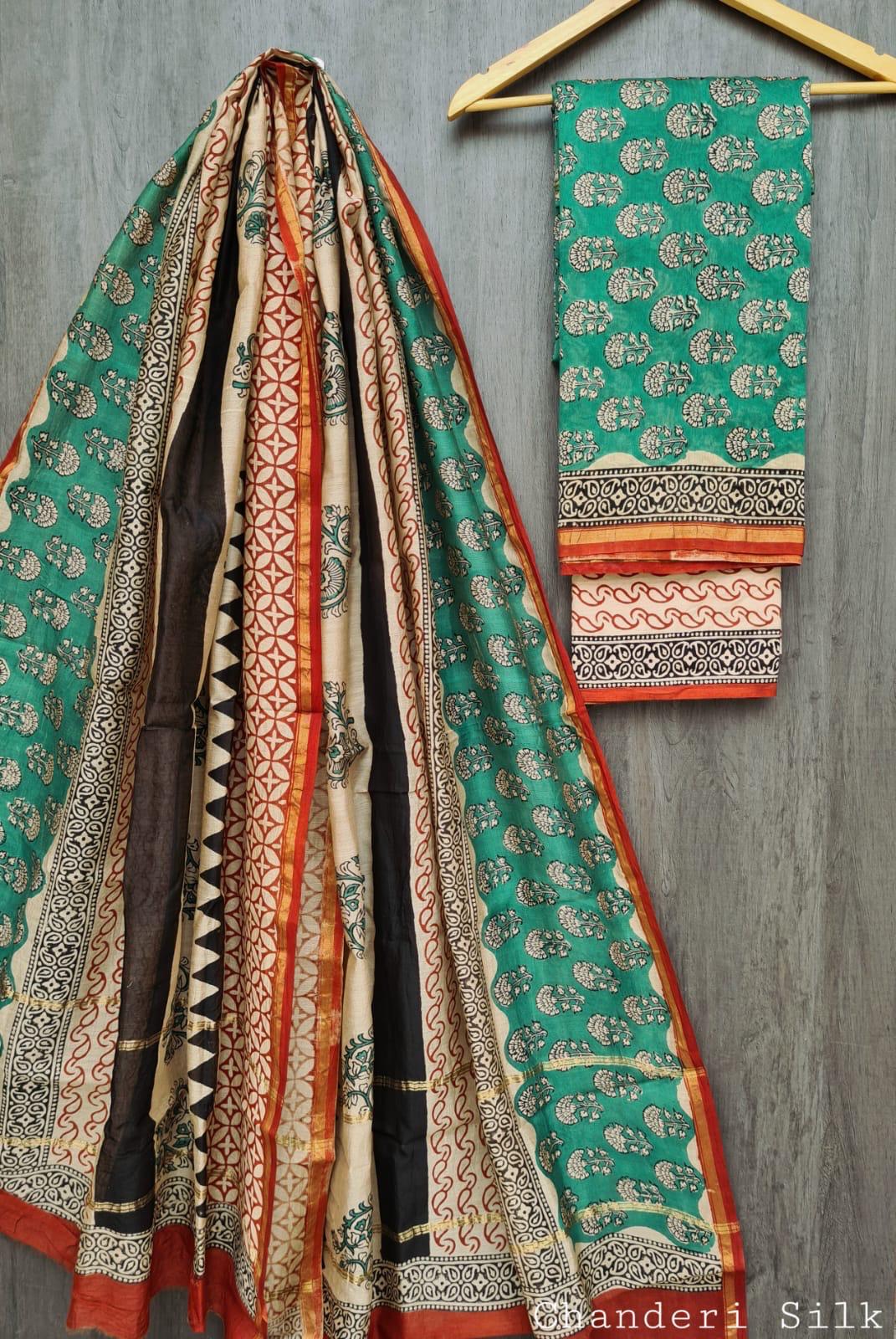 Emerald Green Hand Block Printed Pure Chanderi Silk Suit Set with Floral Buti and Zari Border
