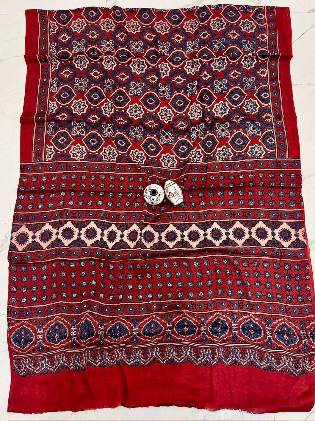 Classic Deep Red & Indigo Pure Modal Silk Ajrakh Handblock Printed Saree