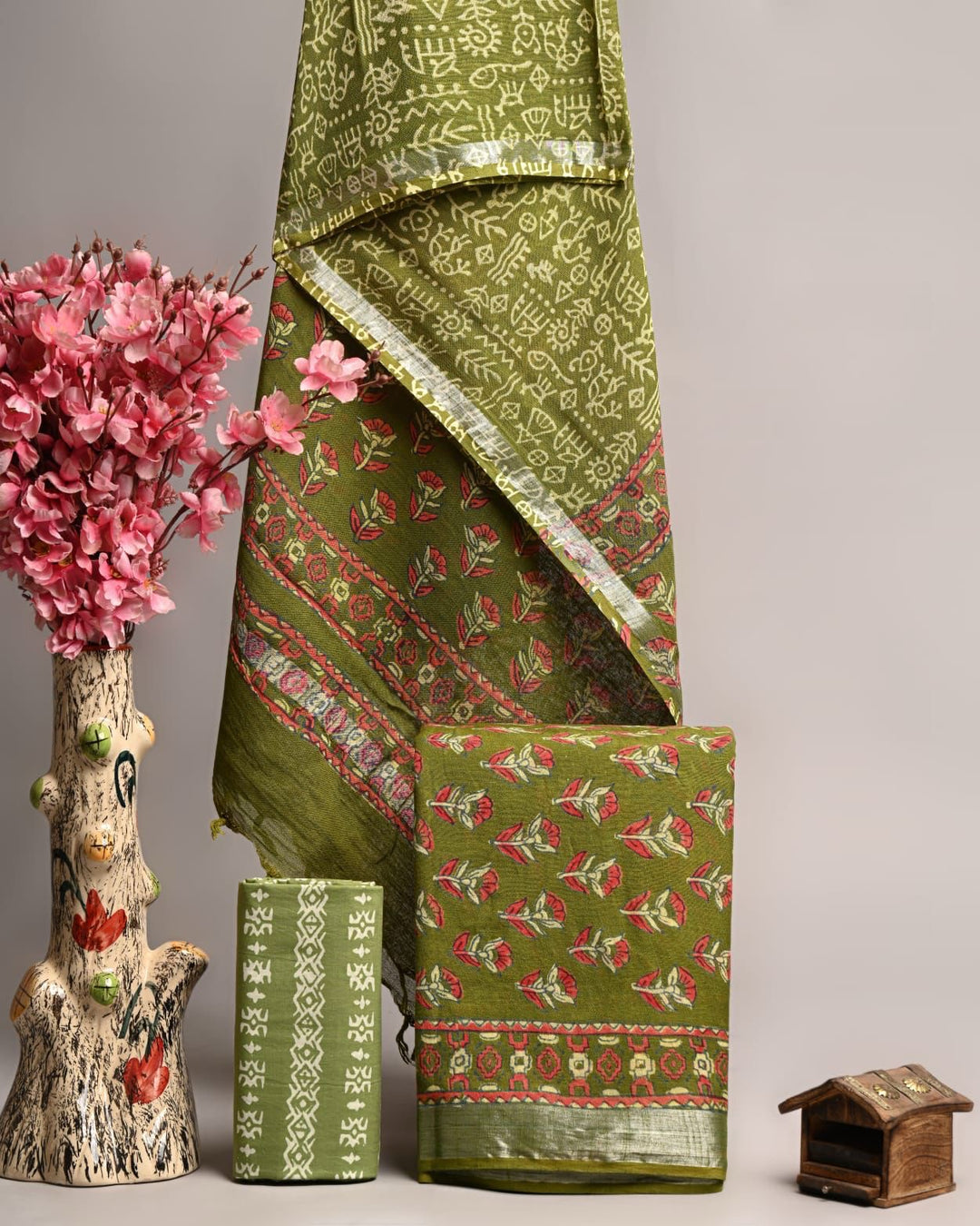 Olive Green Handblock Printed Pure Linen Cotton Suit Set with Floral & Tribal Motifs