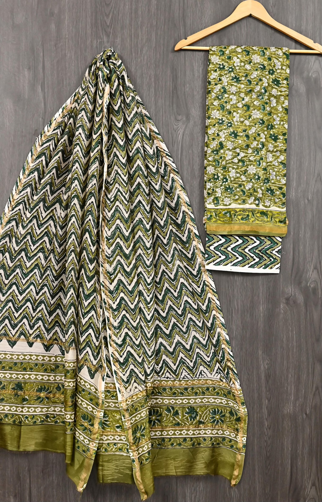 Moss Green Chanderi Silk Chevron Handblock Printed Suit