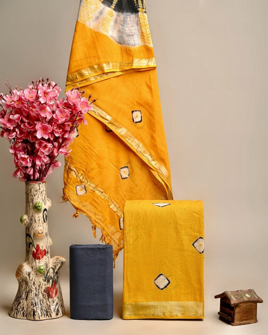 Vibrant Mustard Yellow Pure Linen Cotton Handblock Printed Suit with Zari