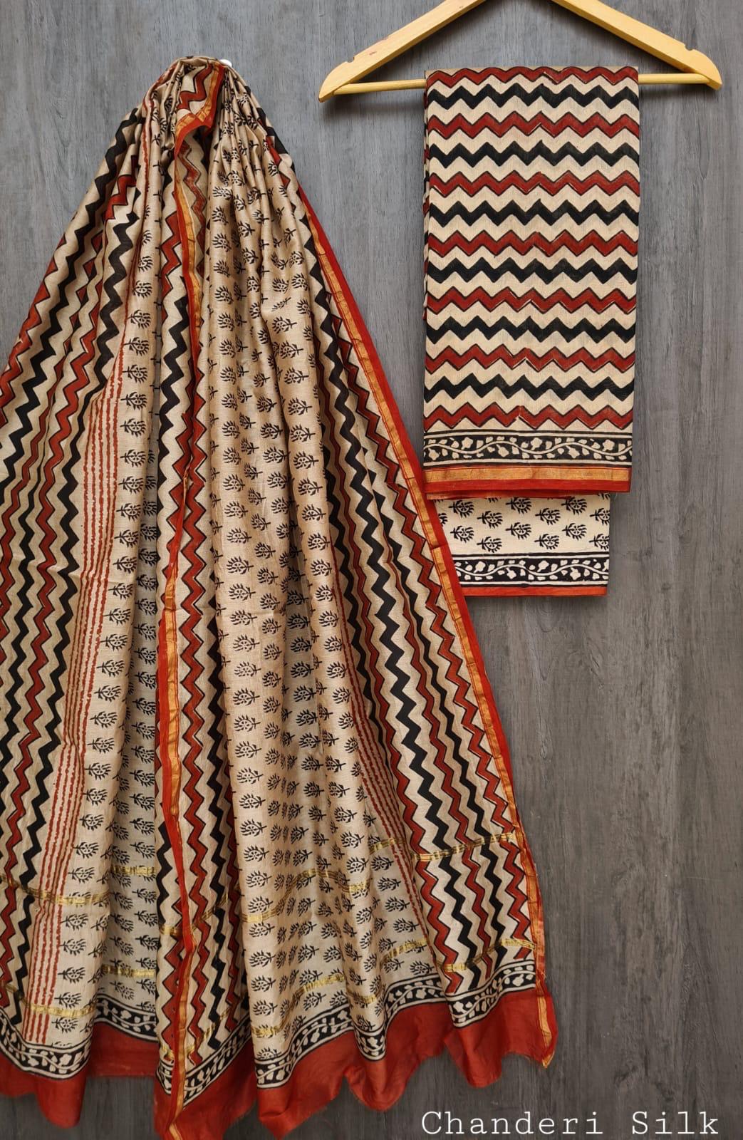Black and Crimson Red Hand Block Printed Pure Chanderi Silk Suit Set with Bold Chevron Waves