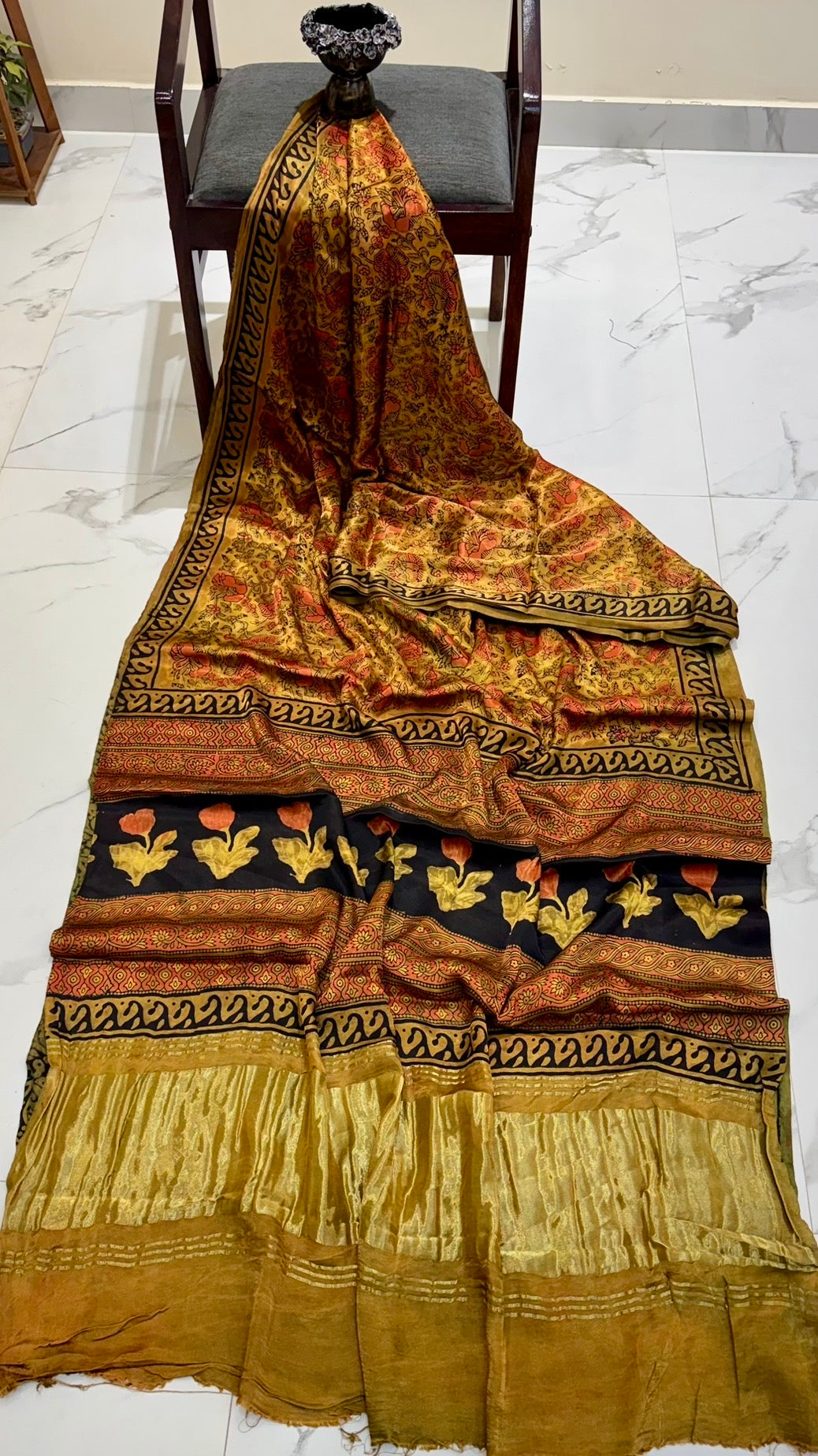Mustard Yellow and Black Pure Gajji Silk Ajrakh Handblock Printed Saree with Tissue Pallu