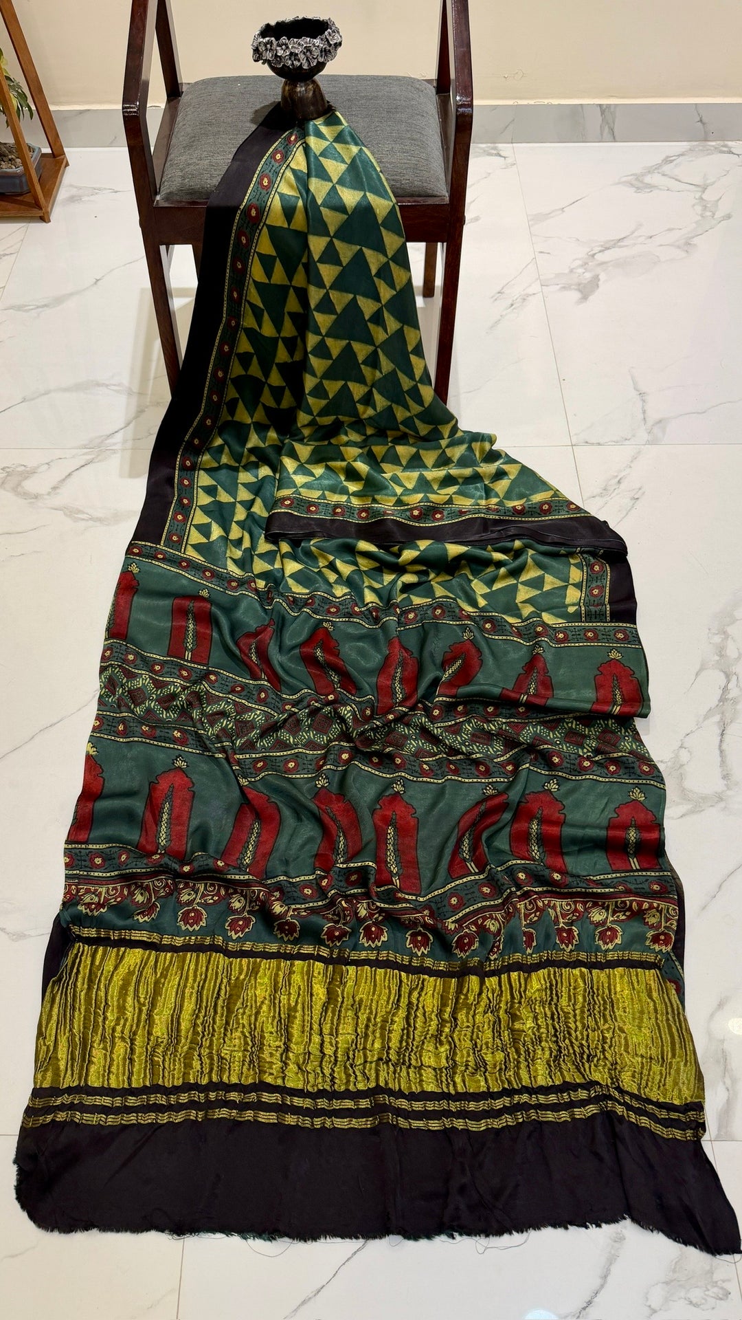 Forest Green Geometrical Ajrakh Handblock Saree in Pure Gajji Silk