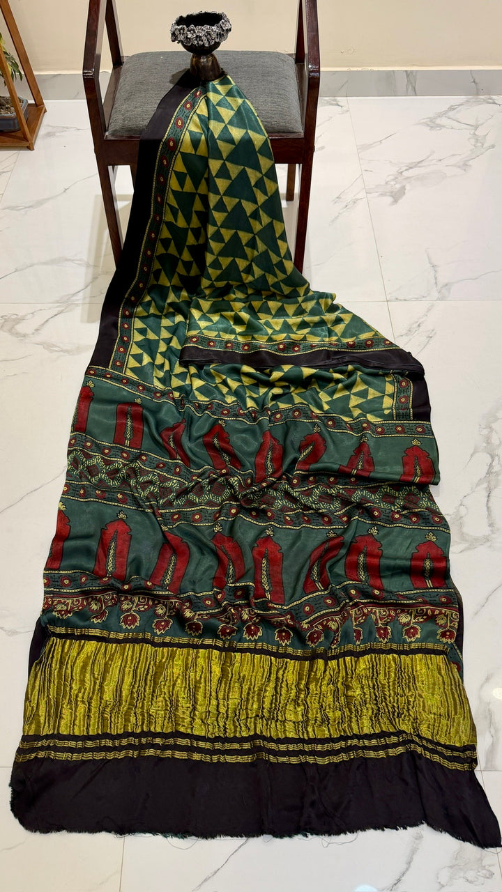 Forest Green Geometrical Ajrakh Handblock Saree in Pure Gajji Silk