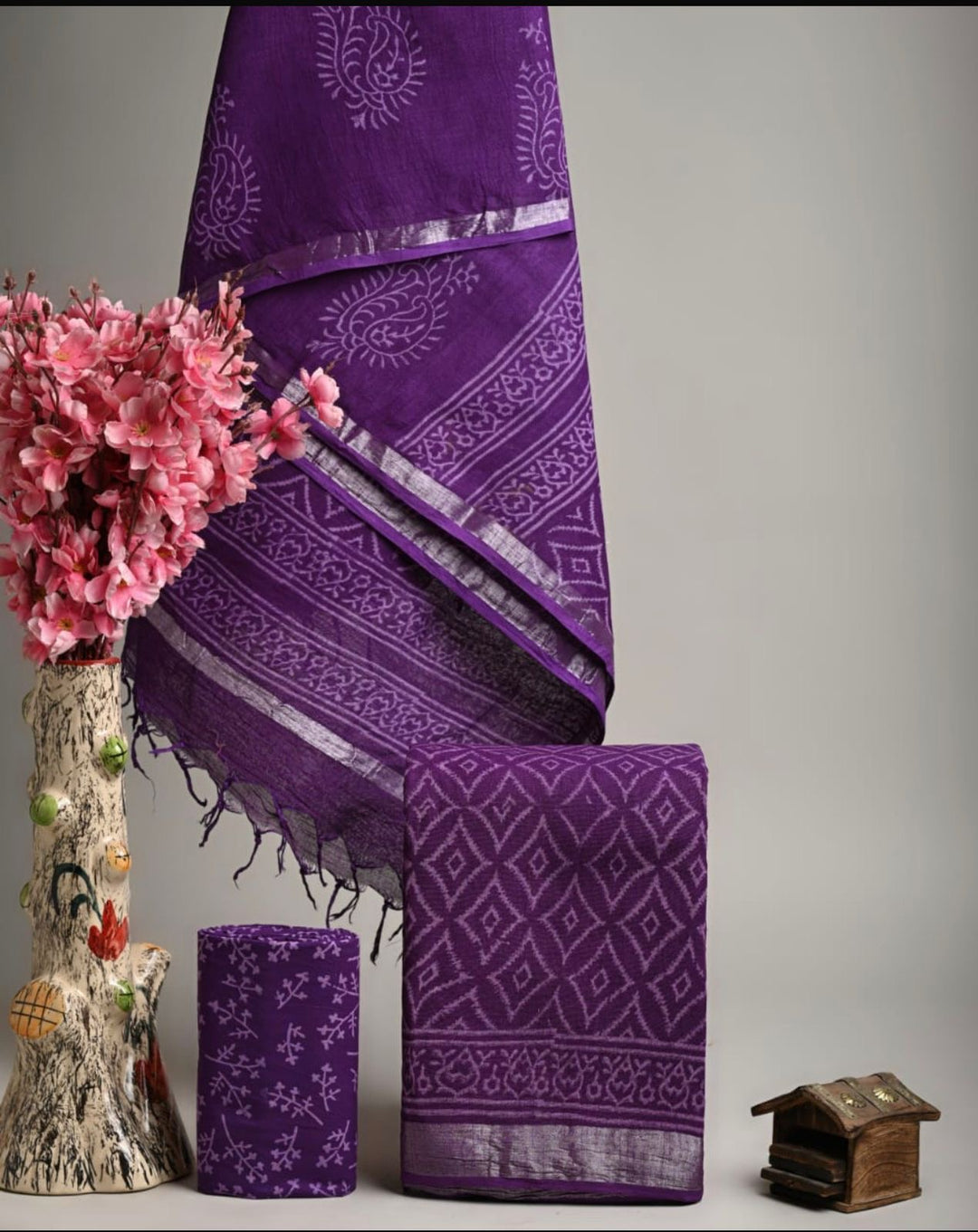 Deep Purple Handblock Printed Pure Linen Cotton Suit Set with Intricate Geometric Patterns