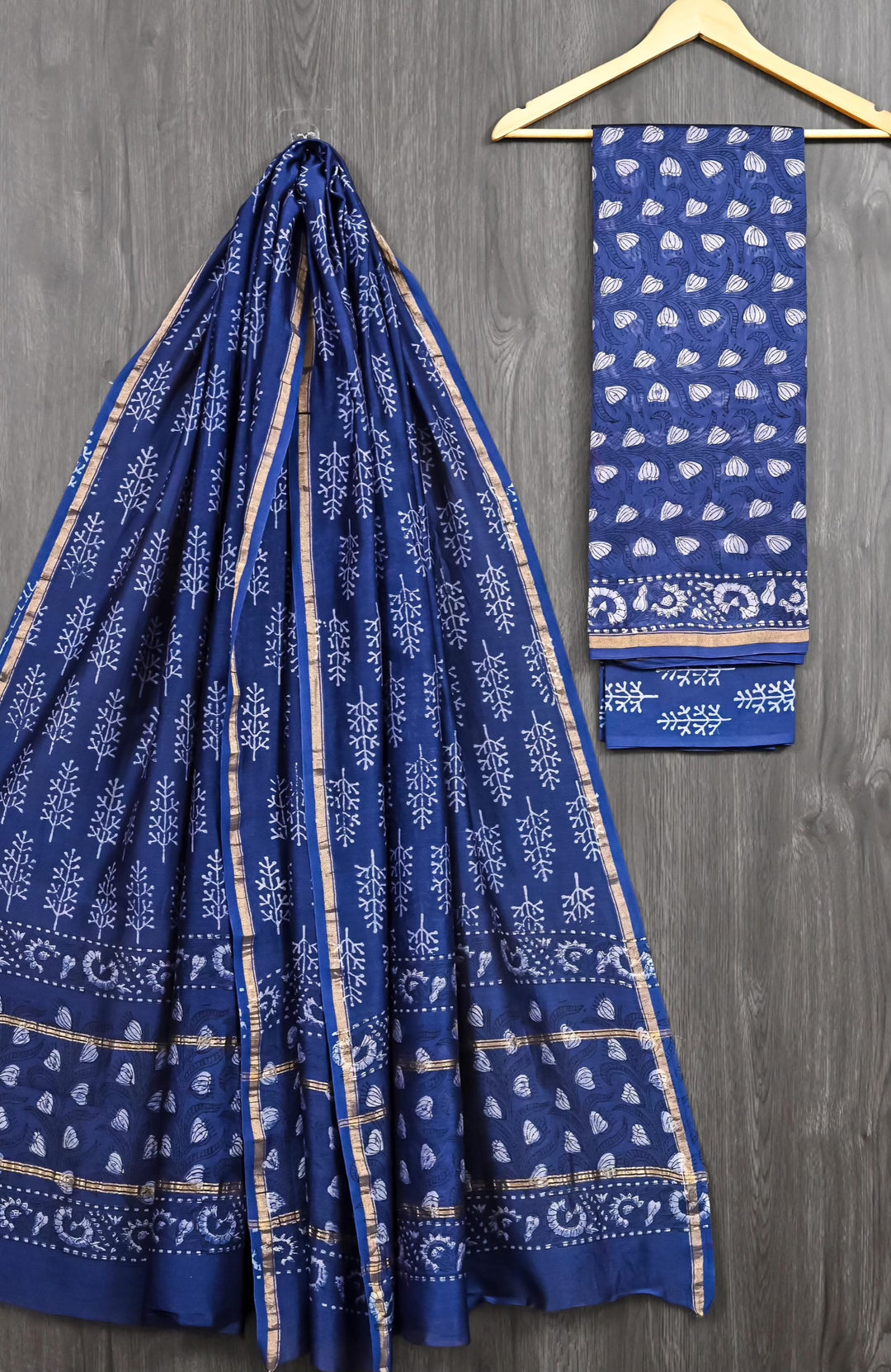 Chanderi Silk Handblock Tree Motif Suit with Butti Work
