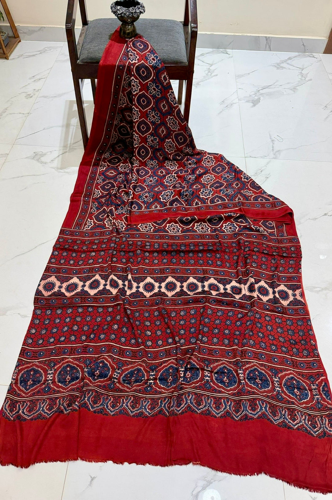 Classic Deep Red & Indigo Pure Modal Silk Ajrakh Handblock Printed Saree