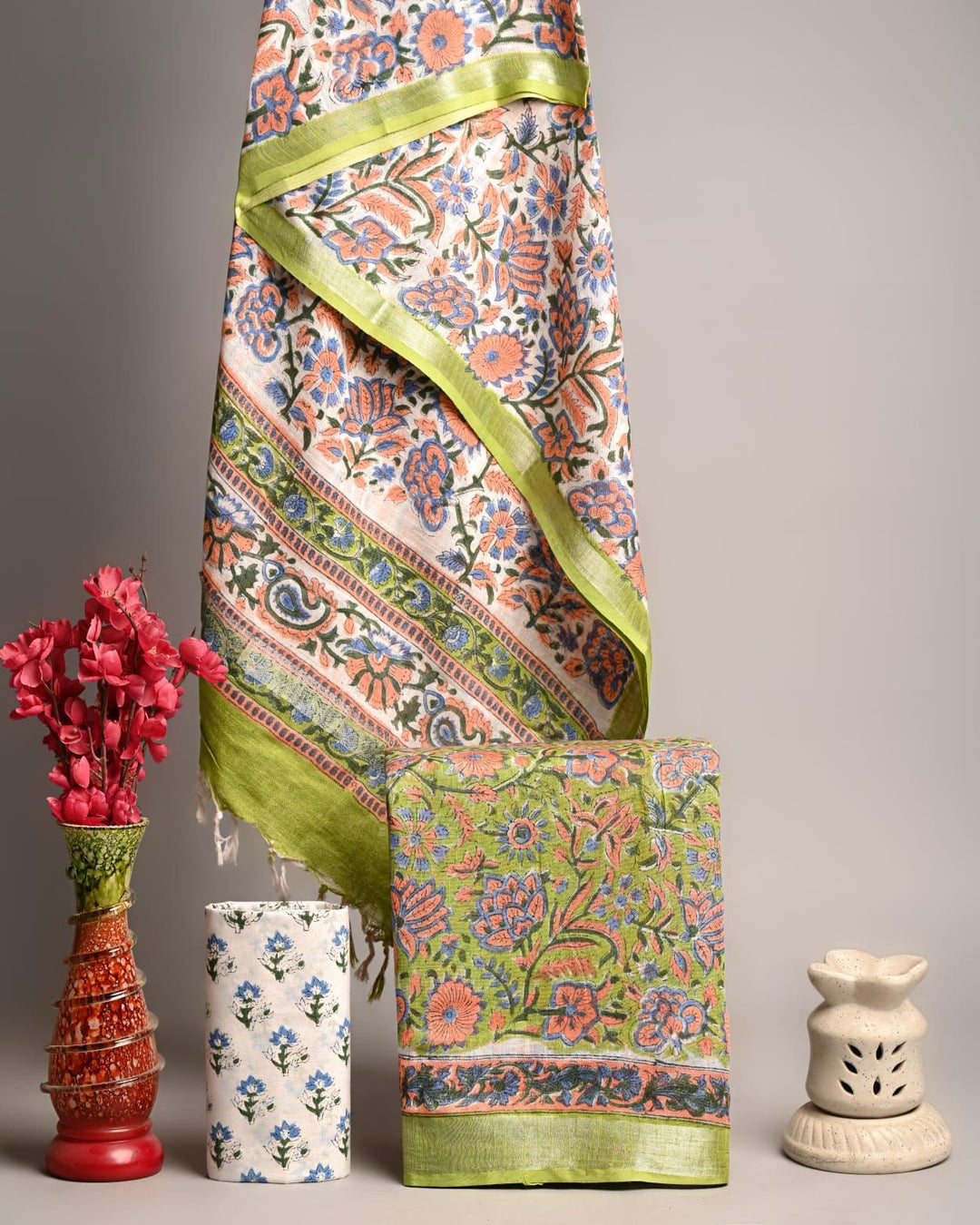 Handblock Printed Pure Linen Cotton Suit with Traditional Floral Jaal Design