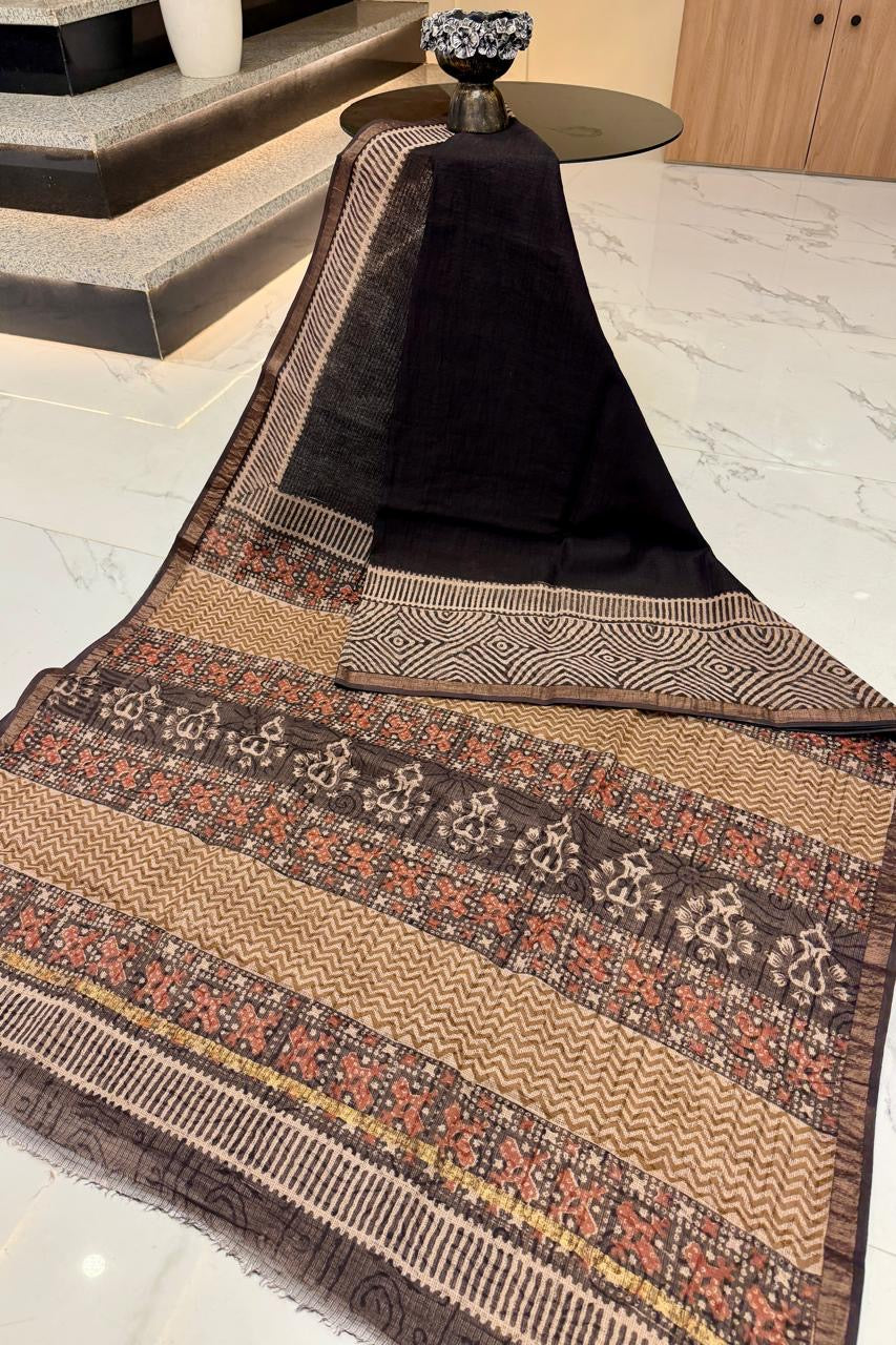 Hand Block Print Kota Doria Cotton Saree in Black and Beige with Zari Border