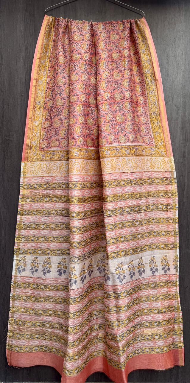Pastel Peach and Ochre Ajrakh Handblock Printed Chanderi Silk Saree