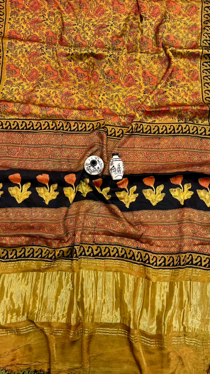 Mustard Yellow and Black Pure Gajji Silk Ajrakh Handblock Printed Saree with Tissue Pallu