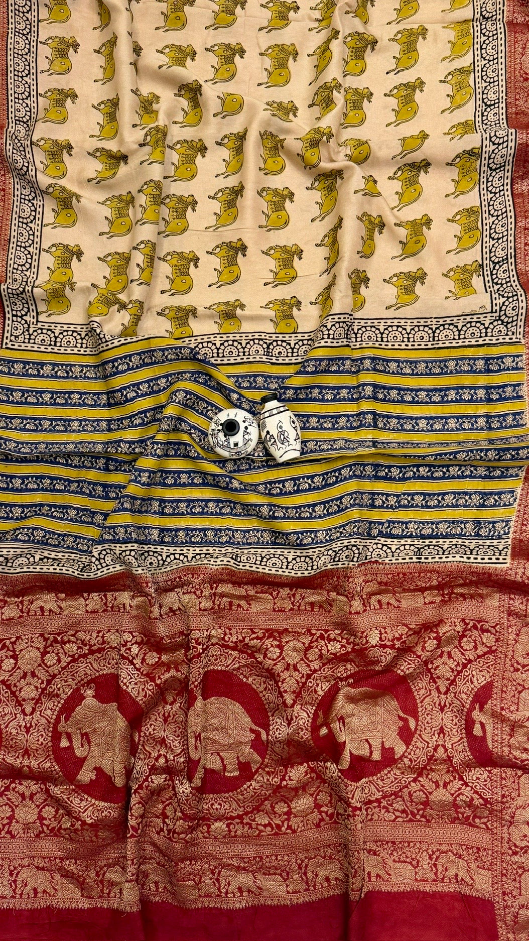 Pure Dola Silk Ajrakh Handblock Printed Saree in Cream and Deep Red with Cow Motifs