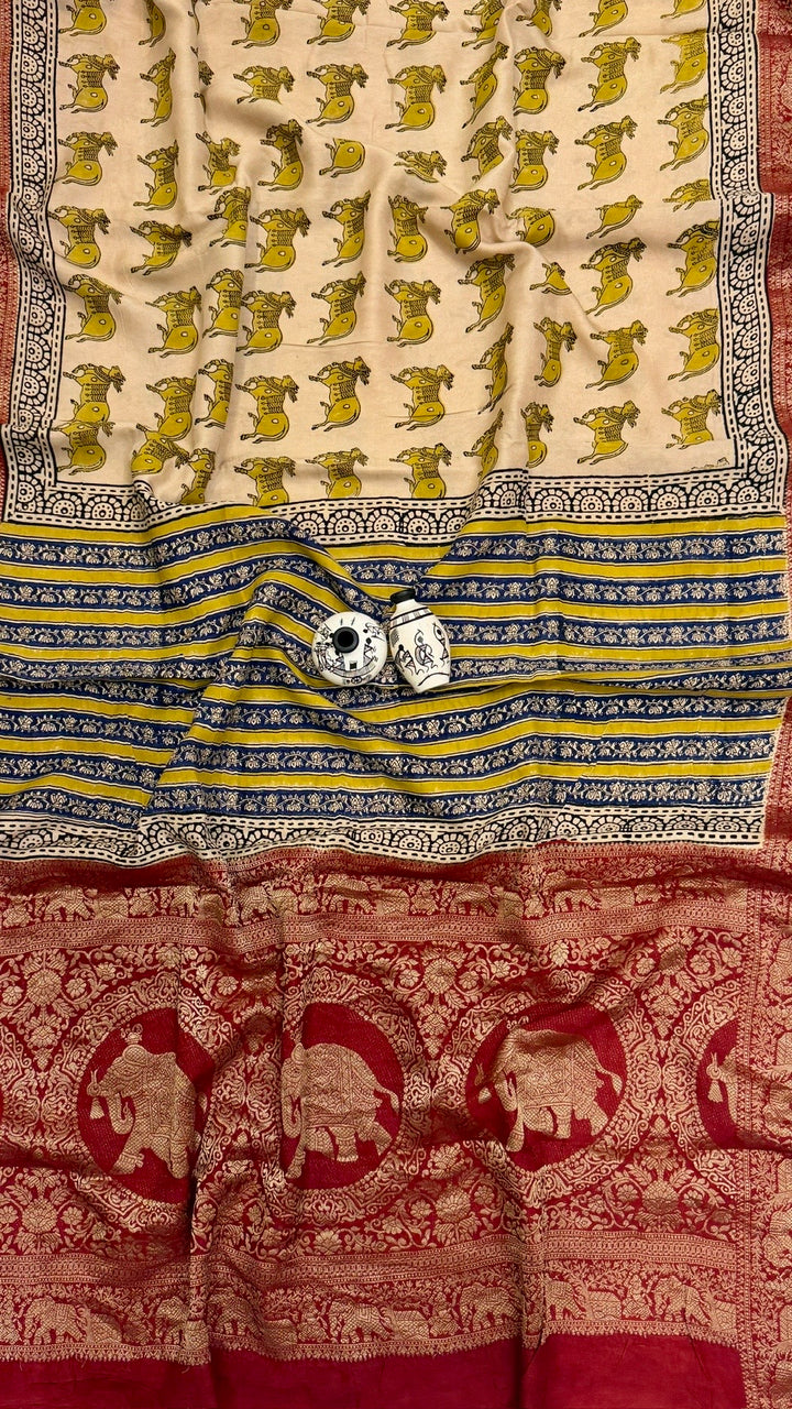 Pure Dola Silk Ajrakh Handblock Printed Saree in Cream and Deep Red with Cow Motifs