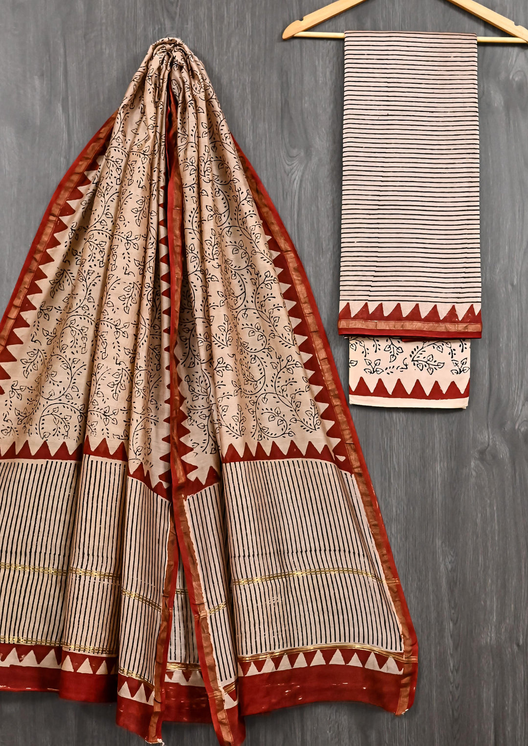 Off-White and Terracotta Hand Block Printed Pure Chanderi Silk Suit Set with Geometric Stripes