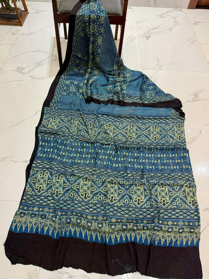 Teal Blue & Sea Green Pure Modal Silk Ajrakh Saree with Traditional Handblock Patterns