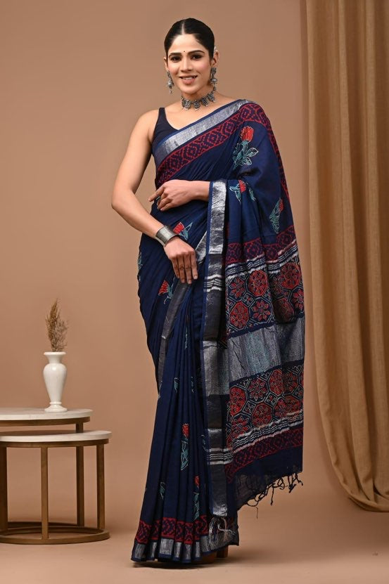 Ajrakh Linen cotton Handblock printed saree with blouse piece - Dark Blue