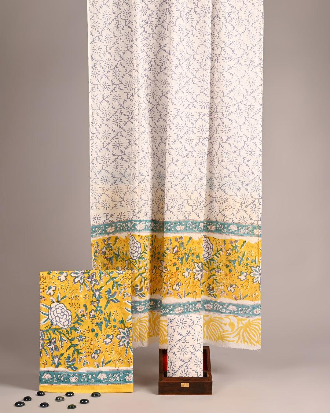 Turquoise & Mustard Yellow Floral Handblock Printed Cotton Suit with Detailed Border Dupatta
