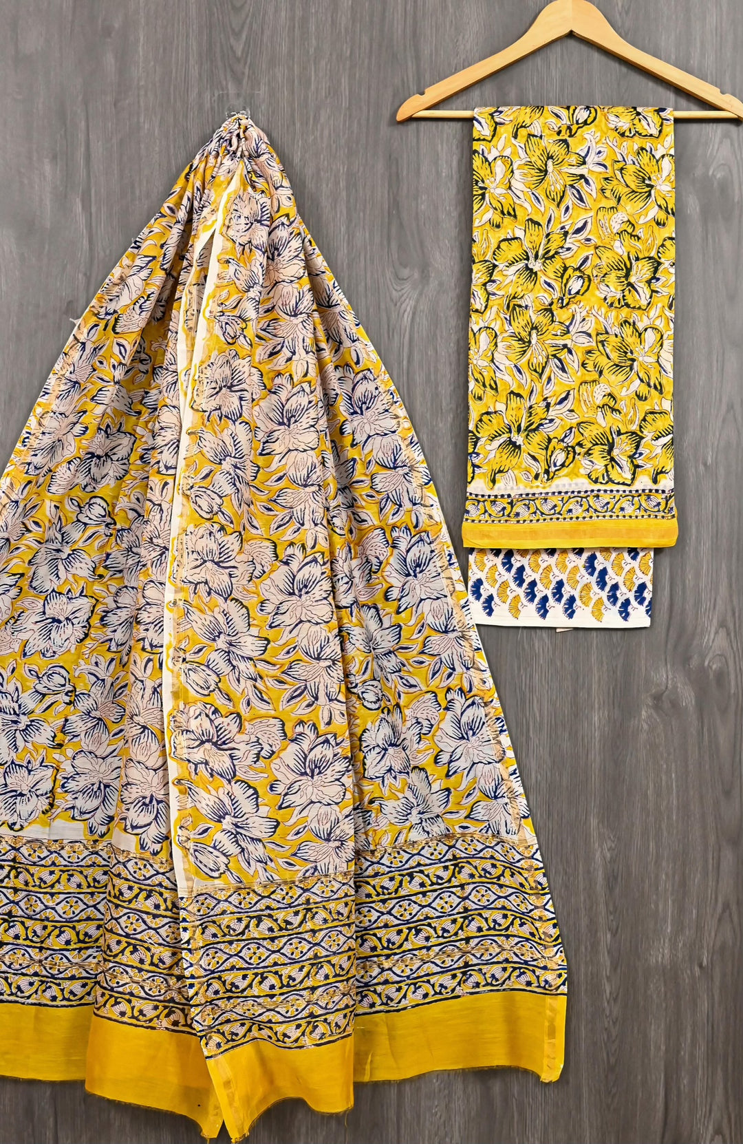 Bright Yellow Chanderi Silk Handblock Floral Printed Suit