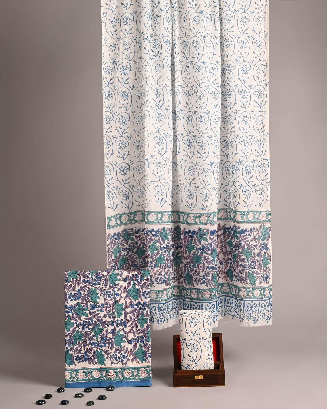 Classic Blue & Purple Floral Vine Handblock Printed Cotton Suit with Bordered Dupatta