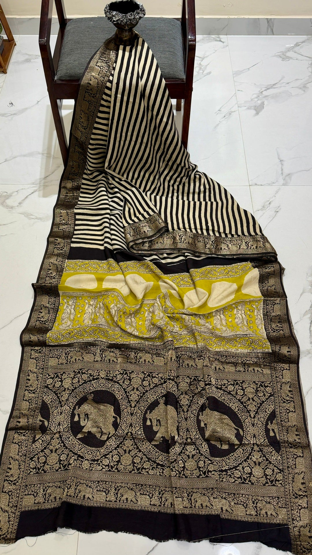 Pure Dola Silk Ajrakh Handblock Printed Saree in Off-White and Black Stripes with Lime Accents