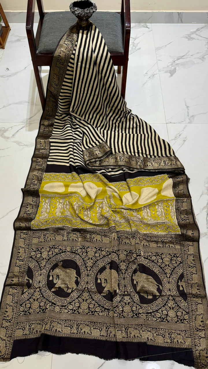Pure Dola Silk Ajrakh Handblock Printed Saree in Off-White and Black Stripes with Lime Accents