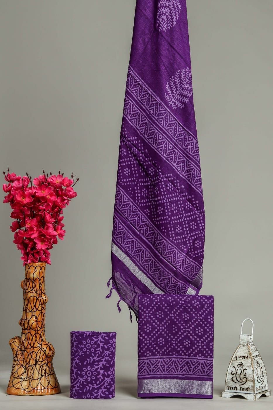 Purple Pure Linen Cotton Suit Set with Classic Handblock Bandhani Print & Zari Pallu