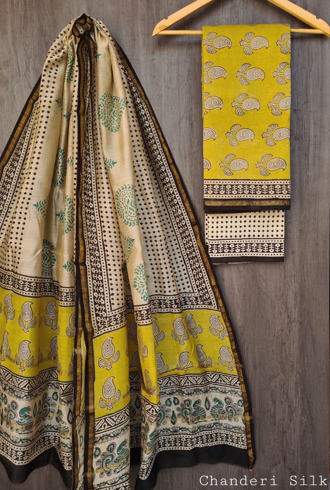 Mustard Yellow Hand Block Printed Pure Chanderi Silk Suit Set with Traditional Paisley Motifs