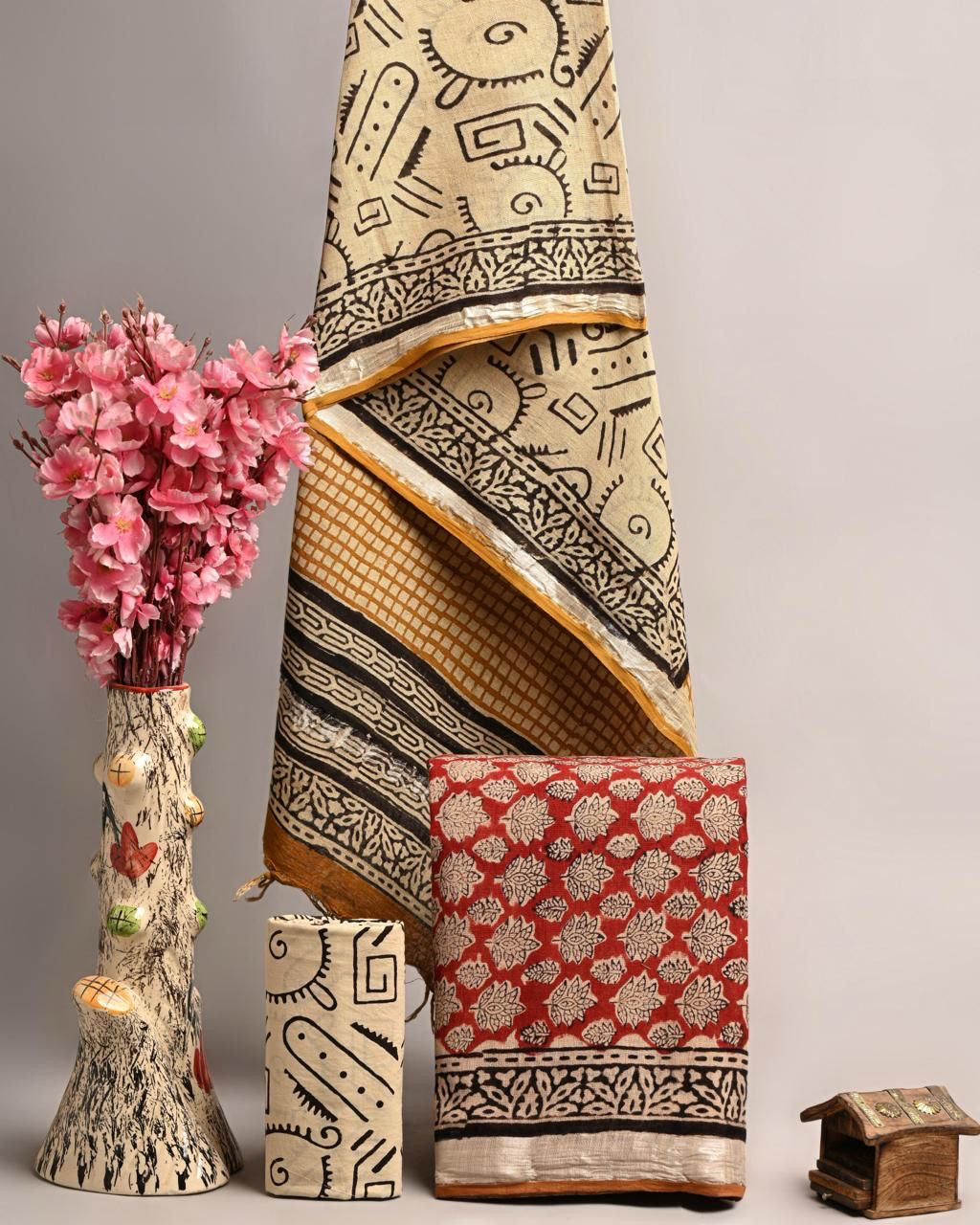 Ethnic Beige & Red Handblock Printed Pure Linen Cotton Suit Set with Traditional Borders