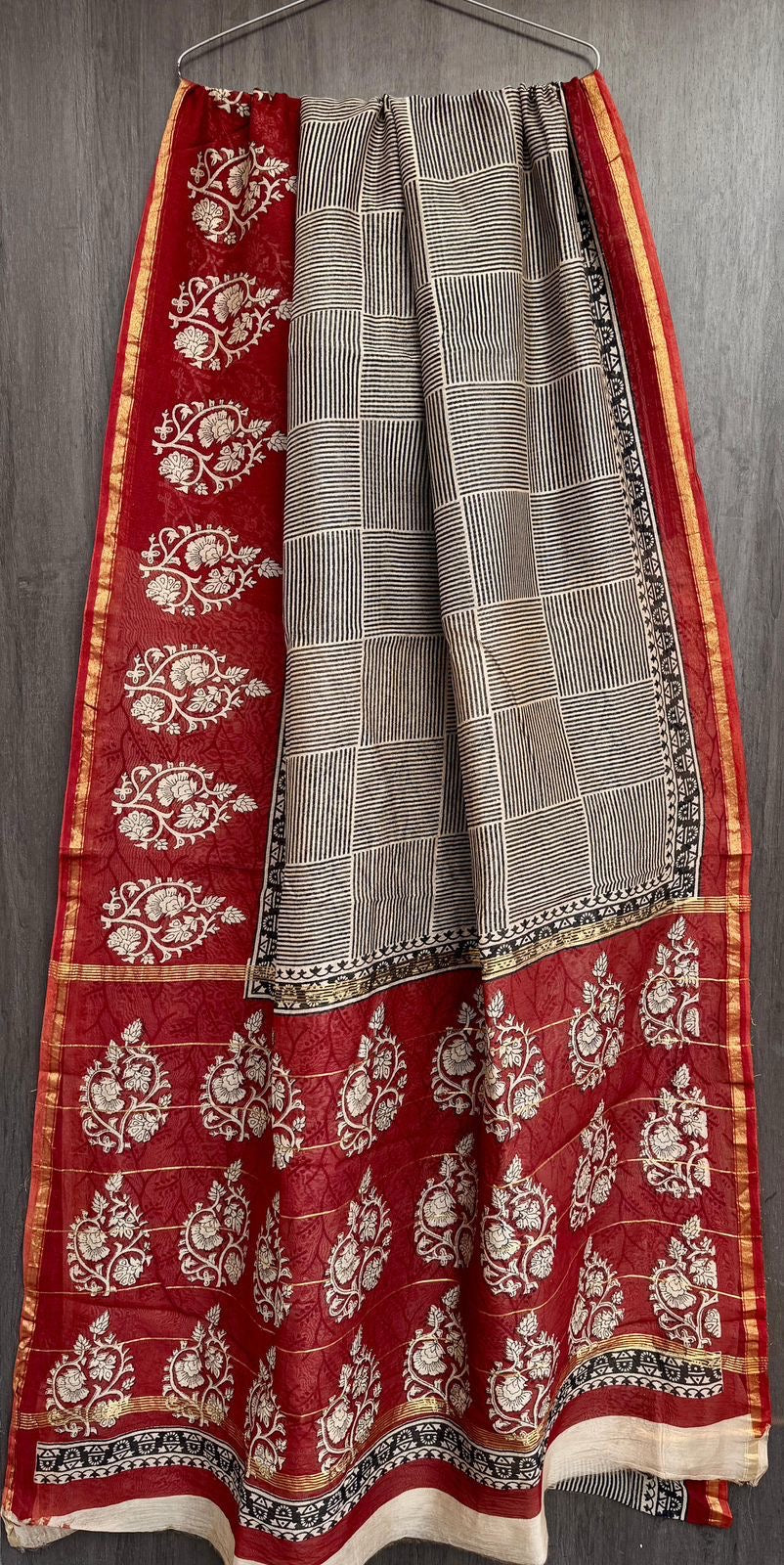 Geometrical Chanderi Bagru Handblock Printed Silk Cotton Saree With Blouse - Bagru Red