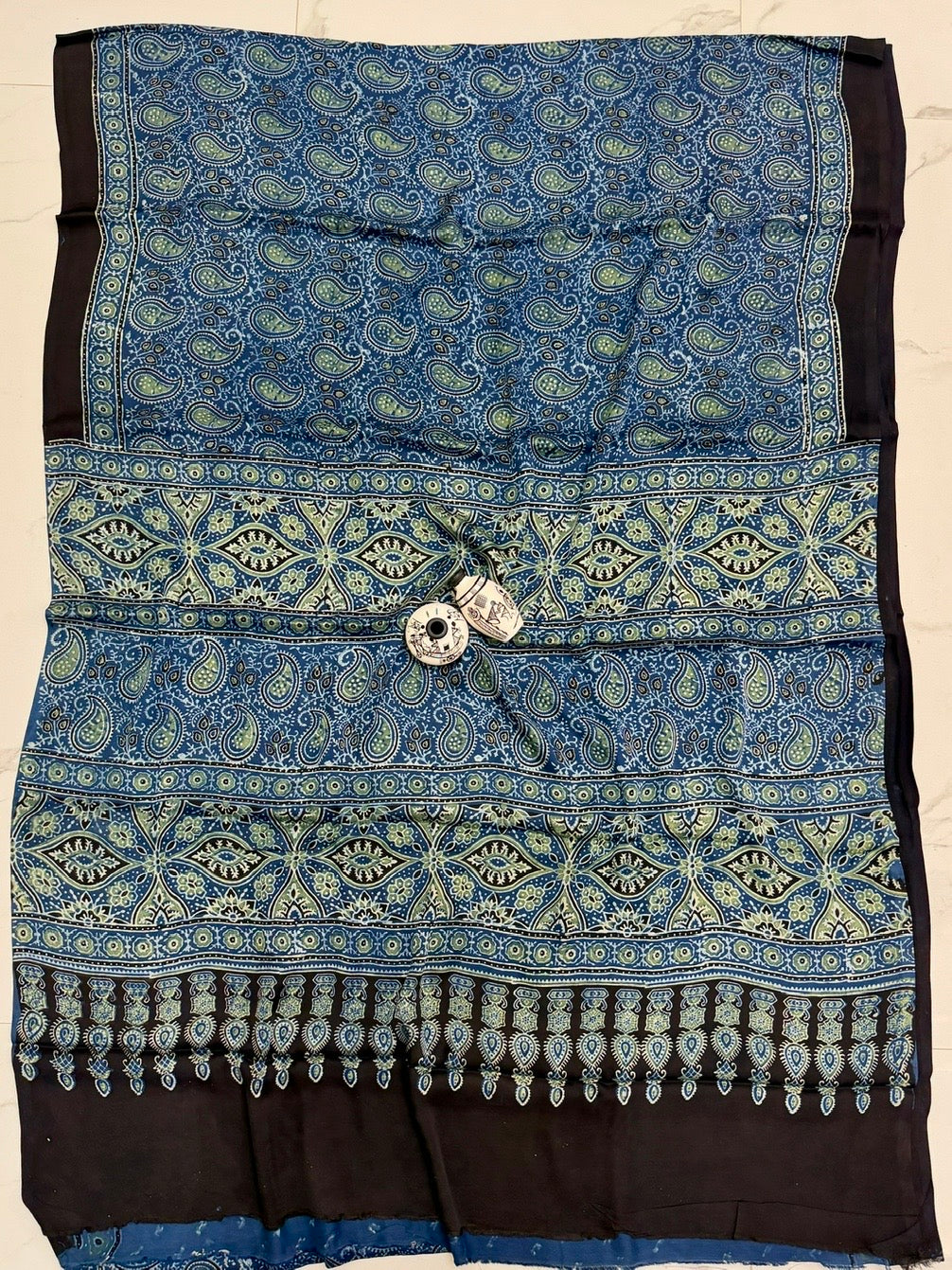 Teal Blue & Sea Green Pure Modal Silk Ajrakh Saree with Traditional Handblock Patterns