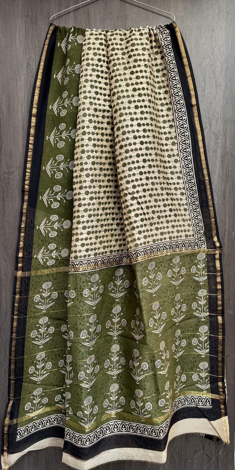 Chanderi Bagru Handblock Printed Silk Cotton Saree With Blouse - Green Beige combination