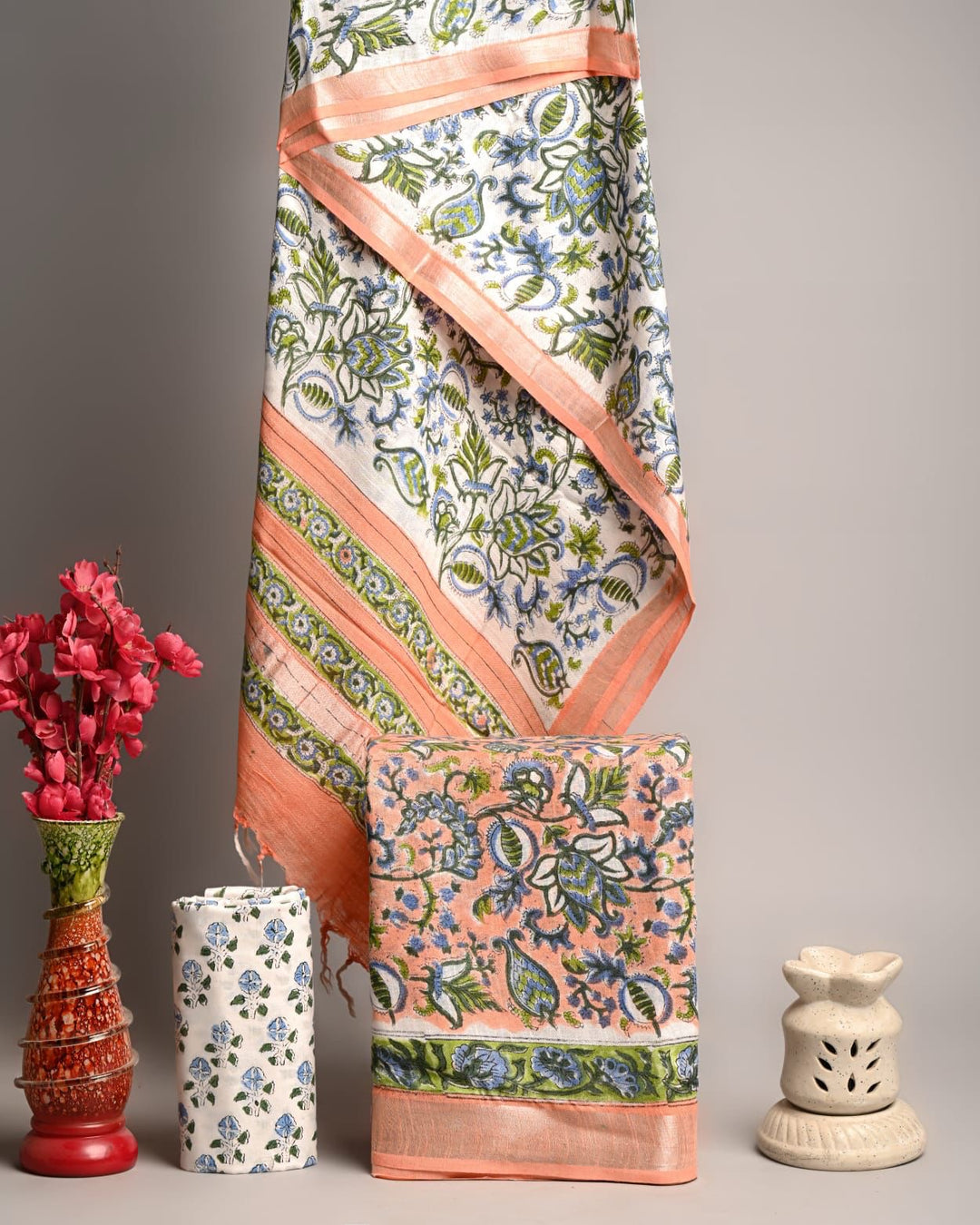 Artisanal Floral Handblock Printed Pure Linen Cotton Suit with Contrast Border