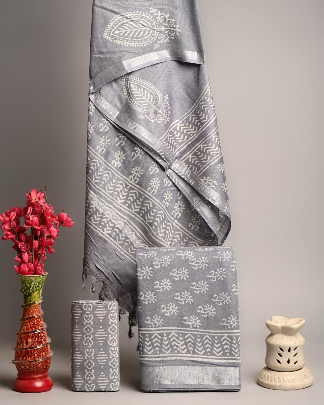 Minimalist Geometric Handblock Printed Pure Linen Cotton Suit Set in Slate Grey