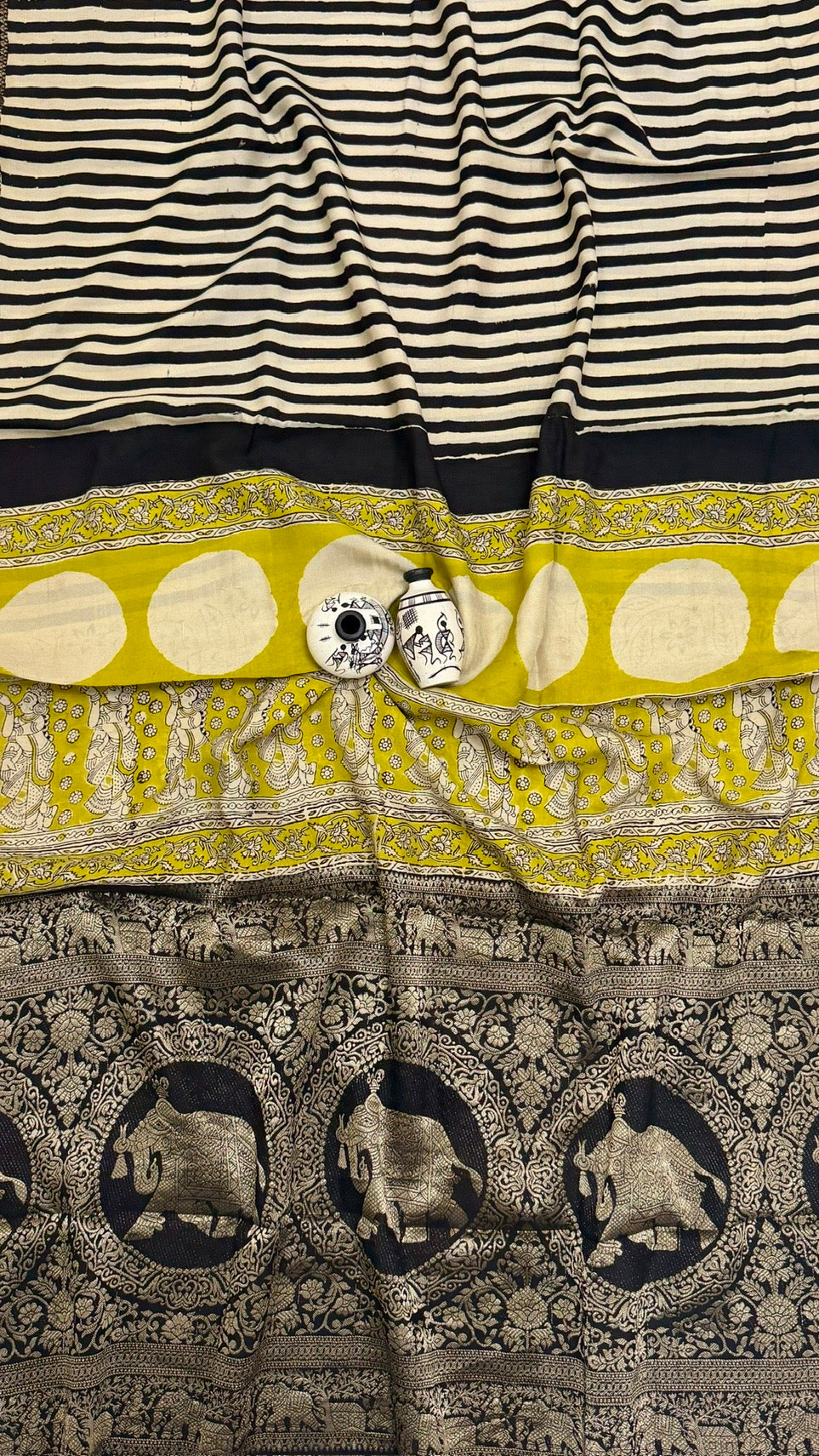 Pure Dola Silk Ajrakh Handblock Printed Saree in Off-White and Black Stripes with Lime Accents
