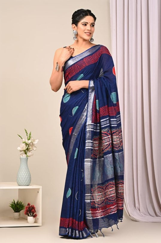 Linen cotton Handblock printed saree with blouse piece - Ajrakh Blue