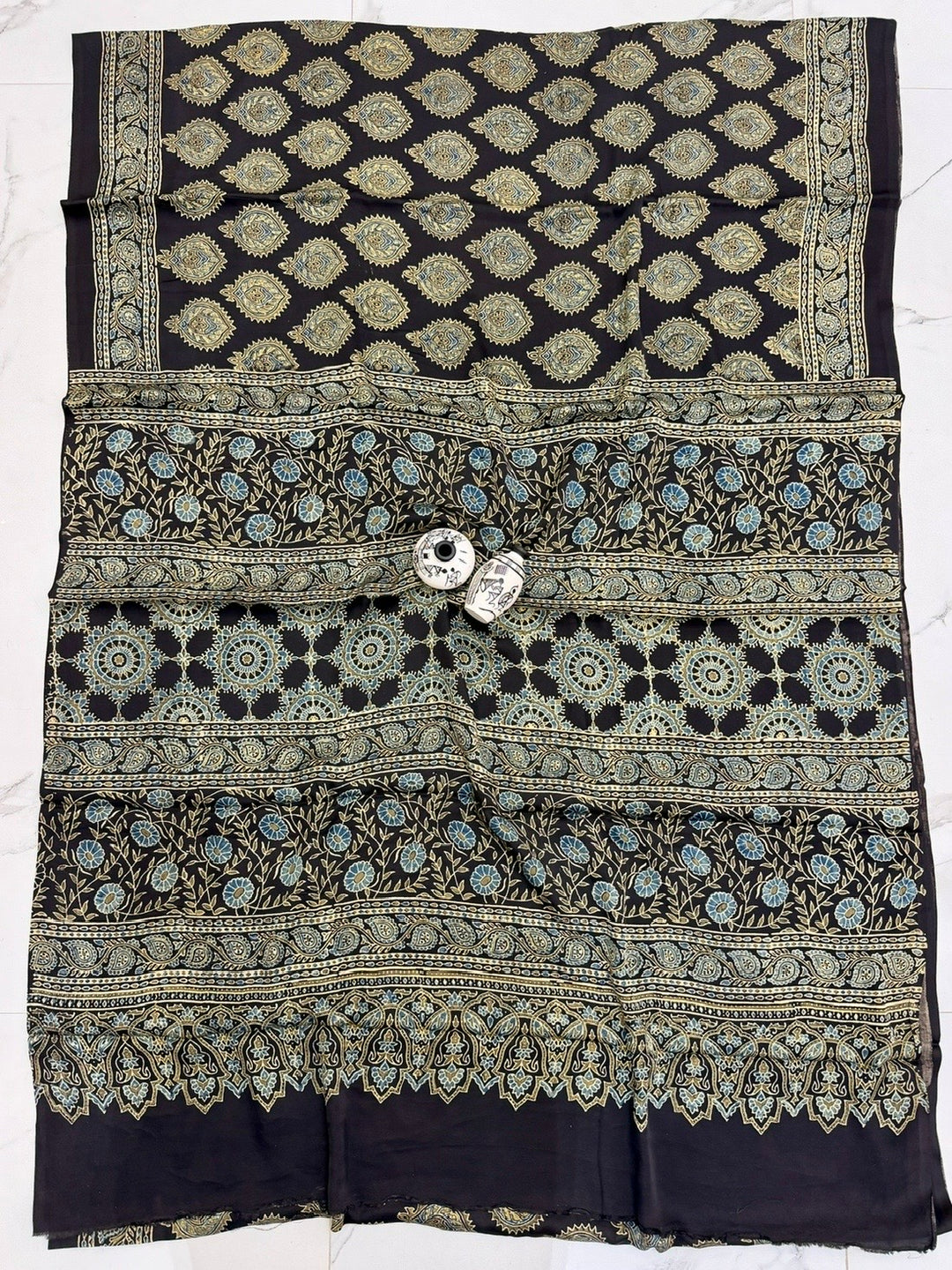 Elegant Charcoal Black Pure Modal Silk Ajrakh Saree with Gold-Toned Floral Handblock