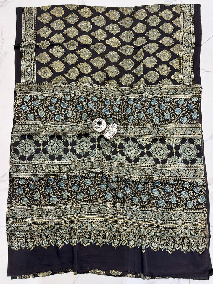 Elegant Charcoal Black Pure Modal Silk Ajrakh Saree with Gold-Toned Floral Handblock