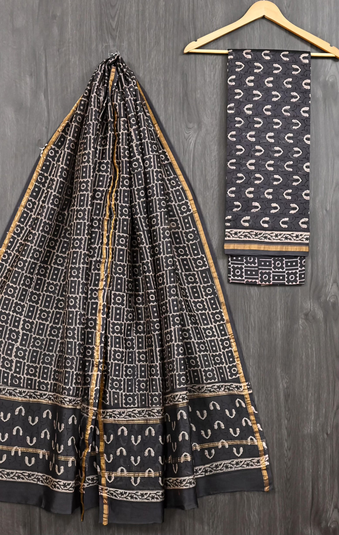 Black & Grey Chanderi Silk Handblock Printed Suit with Zari Lace