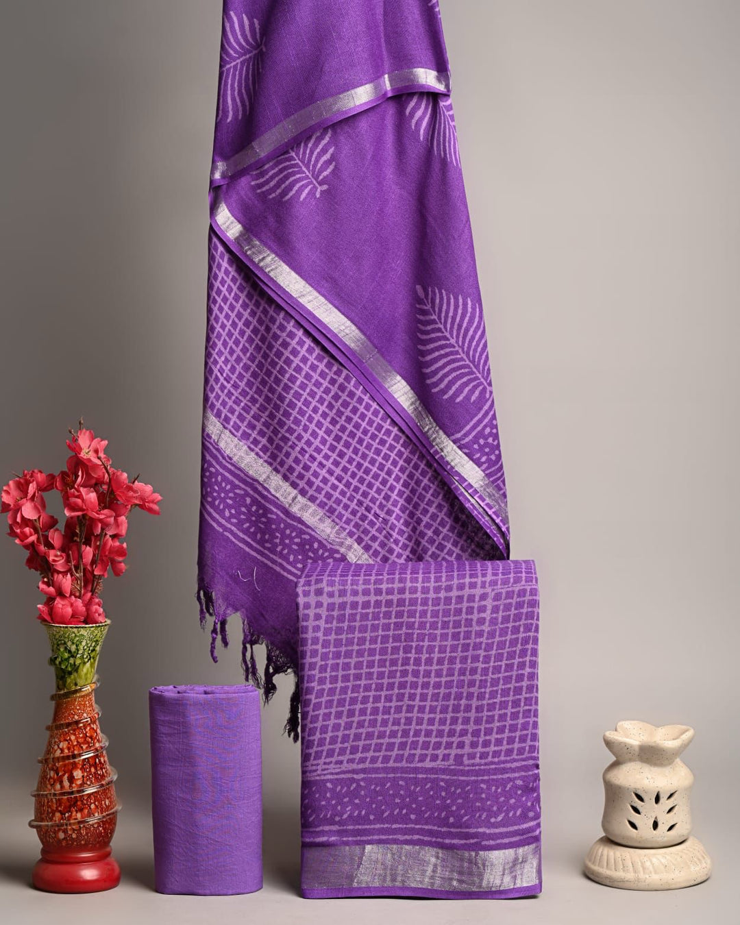 Royal Purple Grid Pattern Handblock Printed Pure Linen Cotton Suit Set