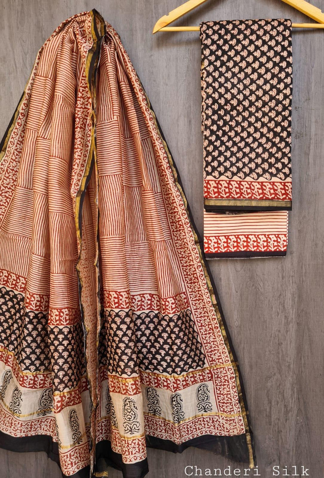 Charcoal Black Hand Block Printed Pure Chanderi Silk Suit Set with Traditional Multi-Pattern Blocks