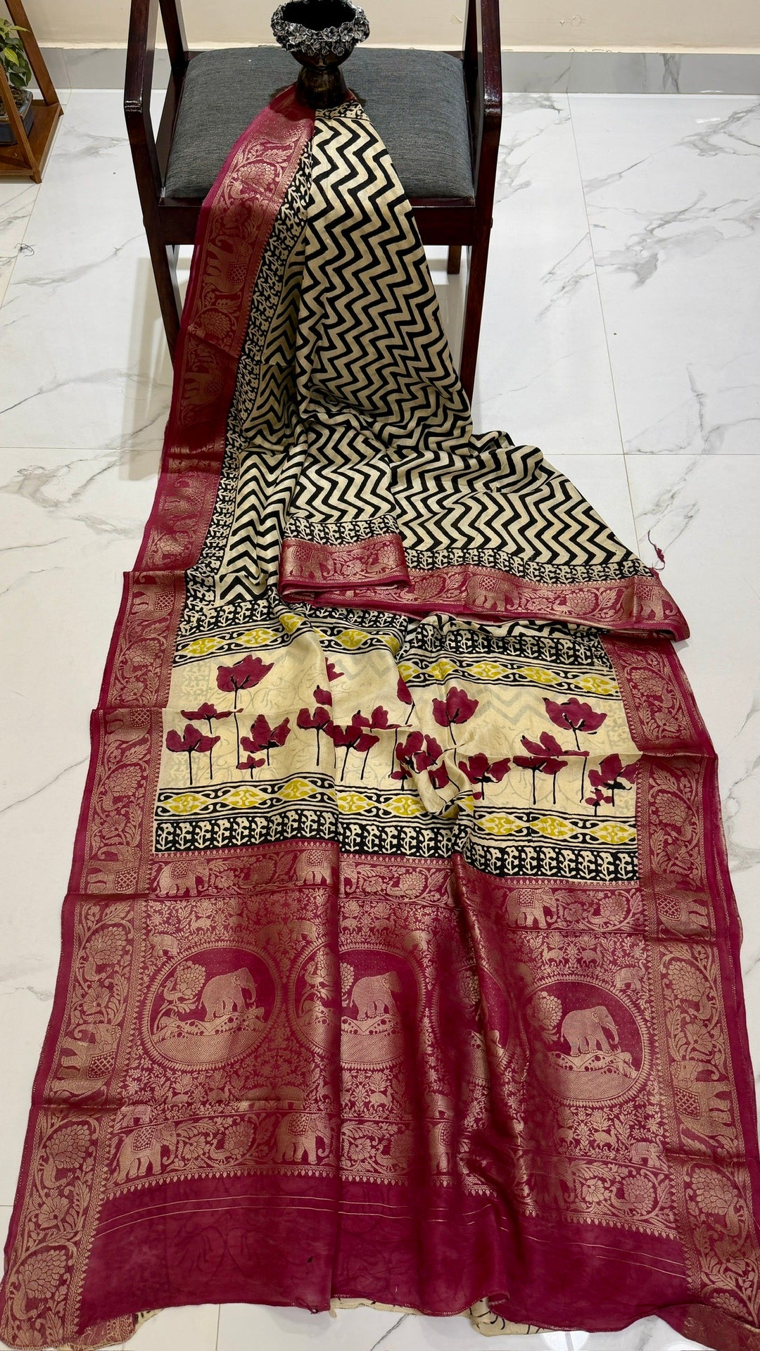 Pure Dola Silk Ajrakh Handblock Printed Saree in Ivory and Maroon Chevron with Floral Pallu