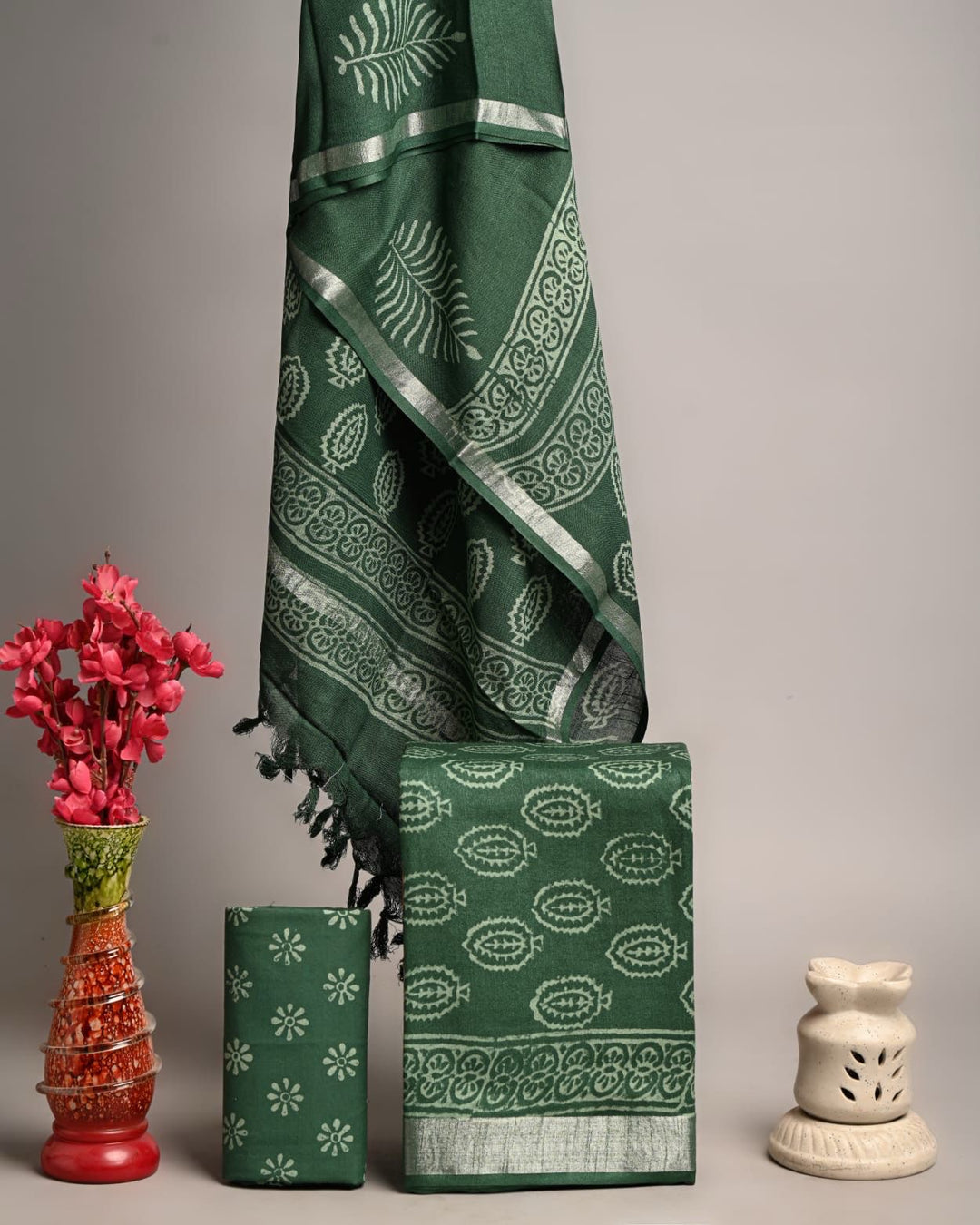 Deep Forest Green Leafy Handblock Printed Pure Linen Cotton Suit Set