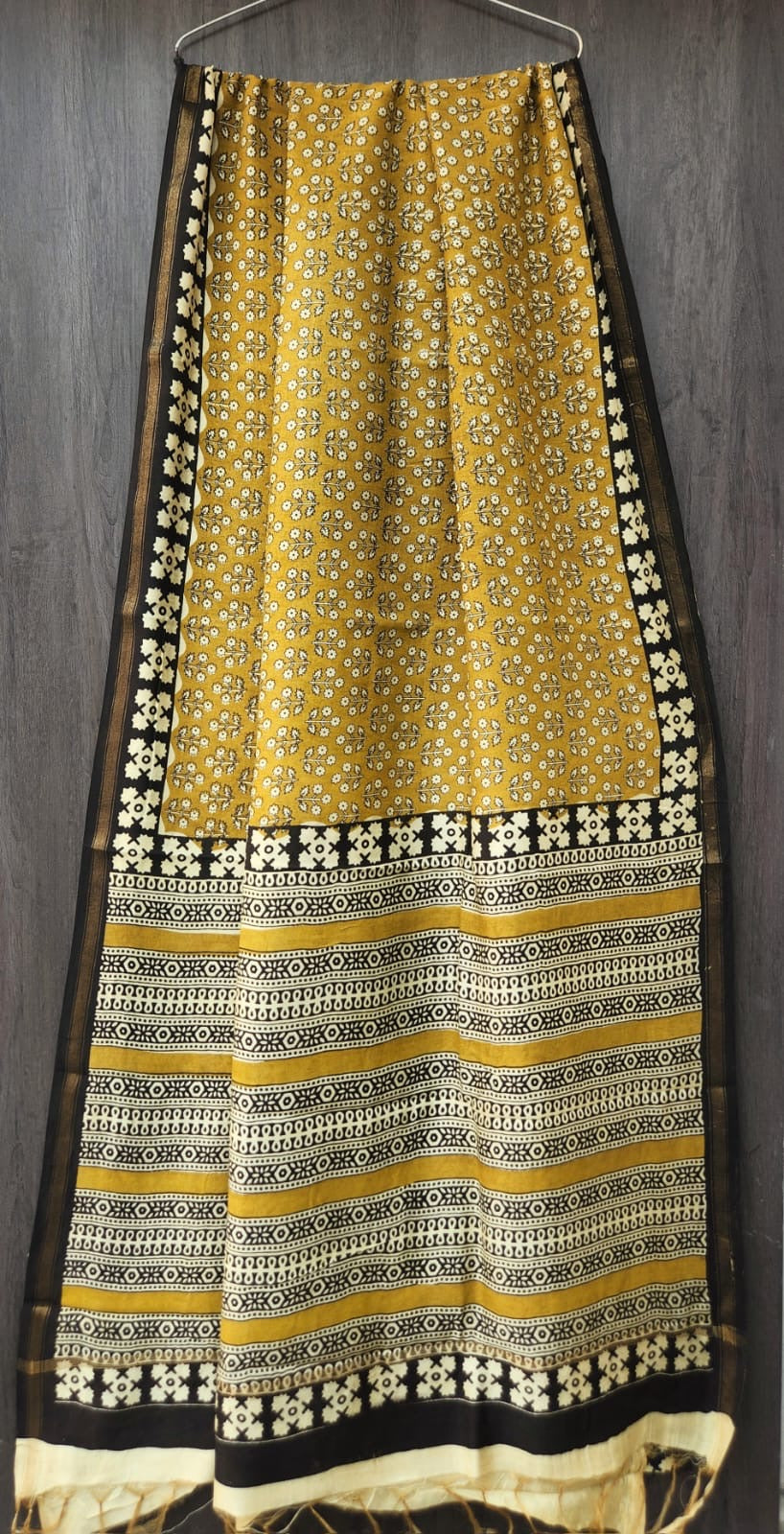 Honey Mustard Chanderi Silk Saree with Traditional Ajrakh Geometry