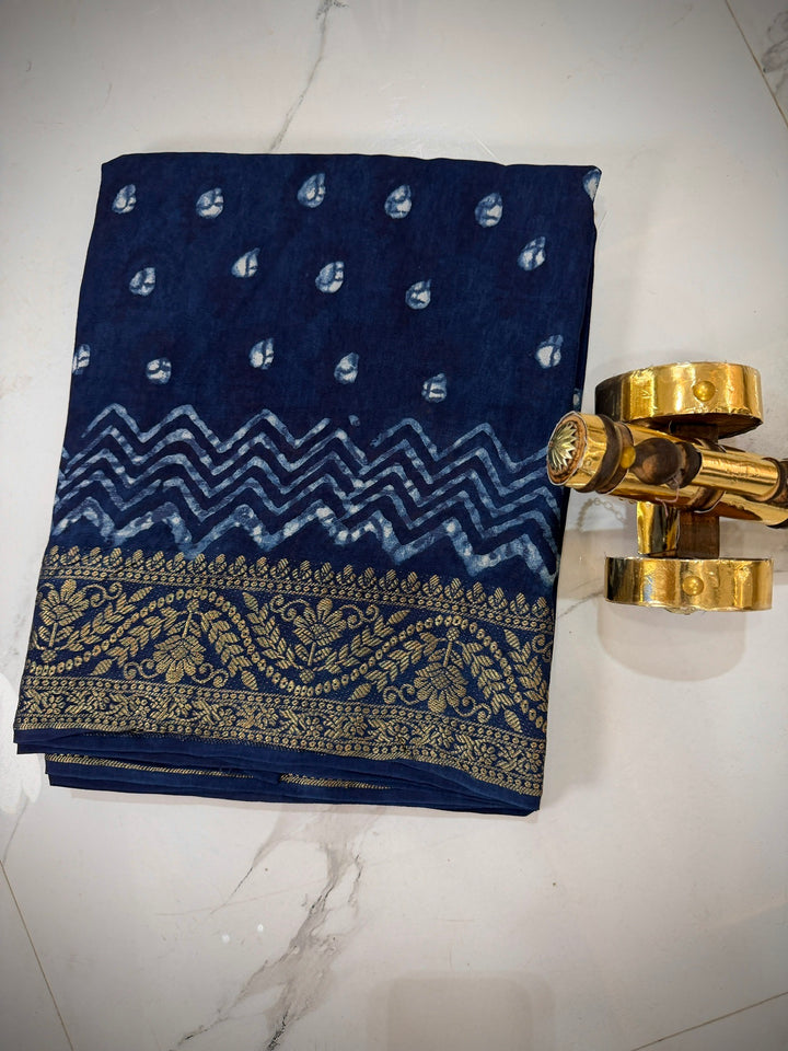 indigo Natural Premium Dola Silk Handblock Printed Saree