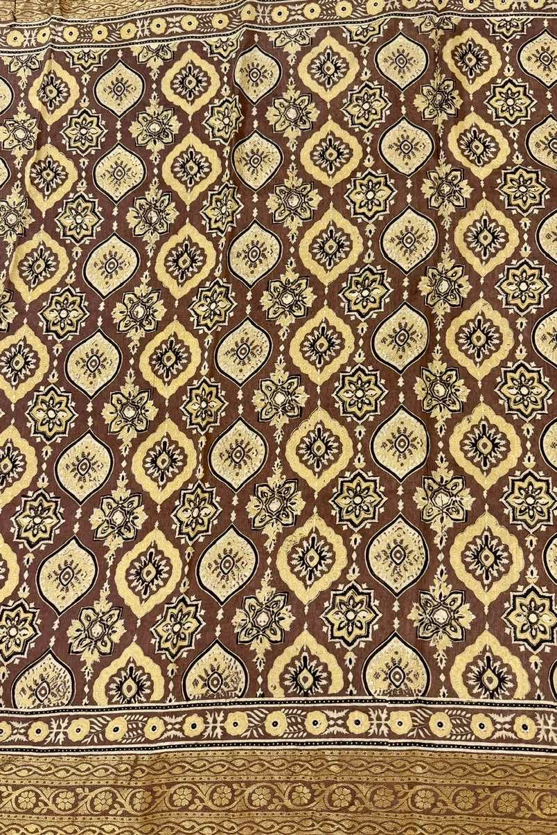 Kashish brown Pure Dola Silk Ajrakh Handblock Printed Saree