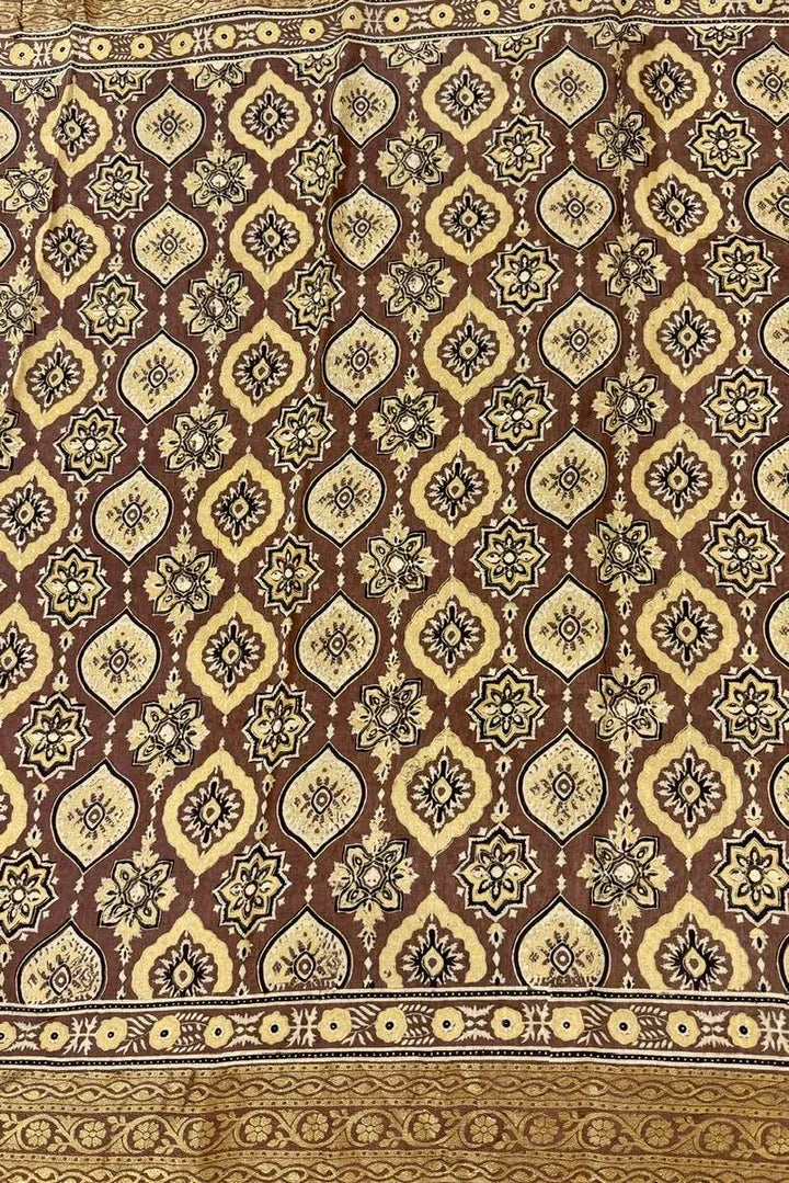Kashish brown Pure Dola Silk Ajrakh Handblock Printed Saree
