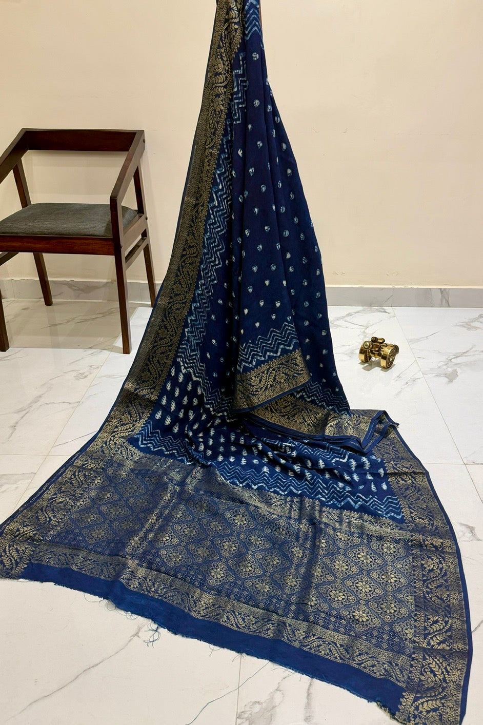 indigo Natural Premium Dola Silk Handblock Printed Saree