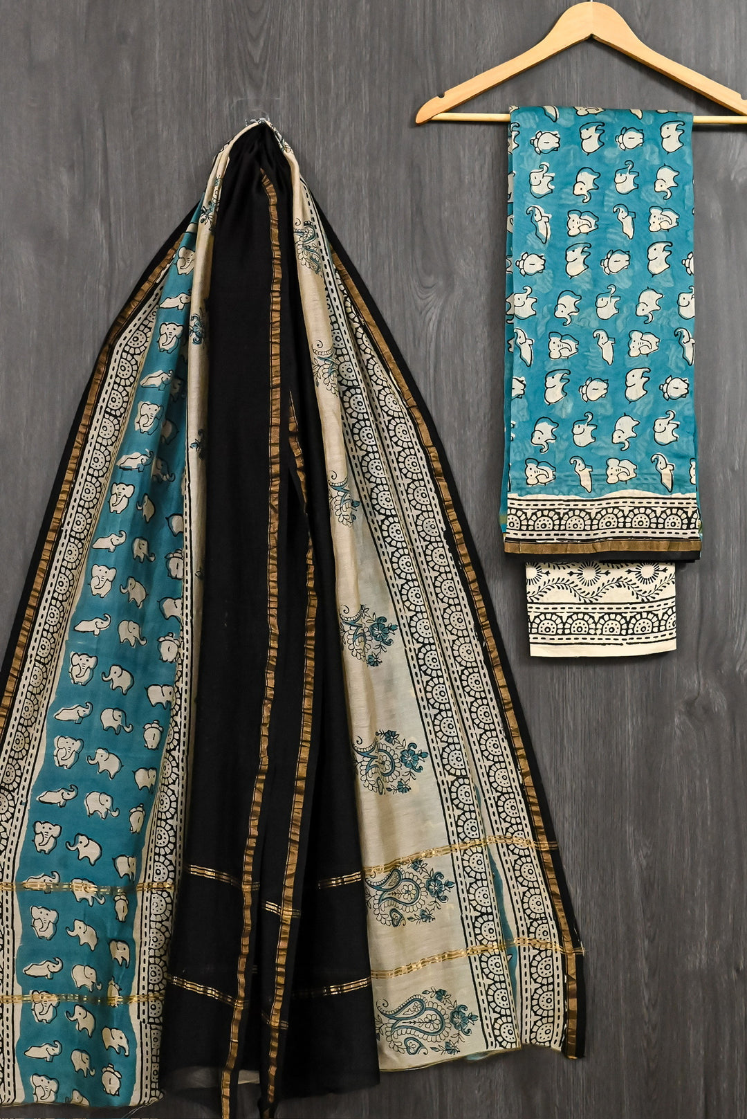 Bagru Handblock Printed Chanderi Silk Suit Set in Black and Teal Blue with Elephant Motif