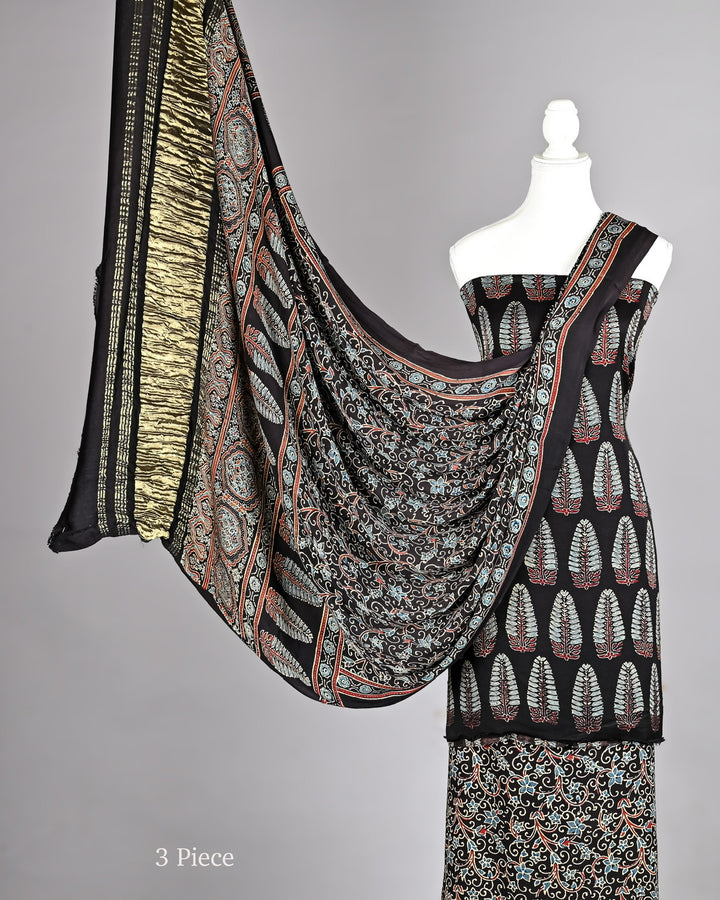 Pure Modal Silk Ajrakh Handblock suit set Jet Black | Traditional Floral & Leaf Motifs with Zari Border Dupatta